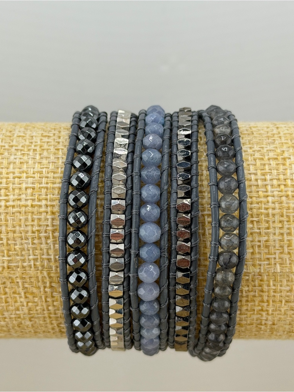 Boho Multi-Wrap Beaded Bracelet | Pearl & Crystal Drk Grey Leather Wrap Bracelet